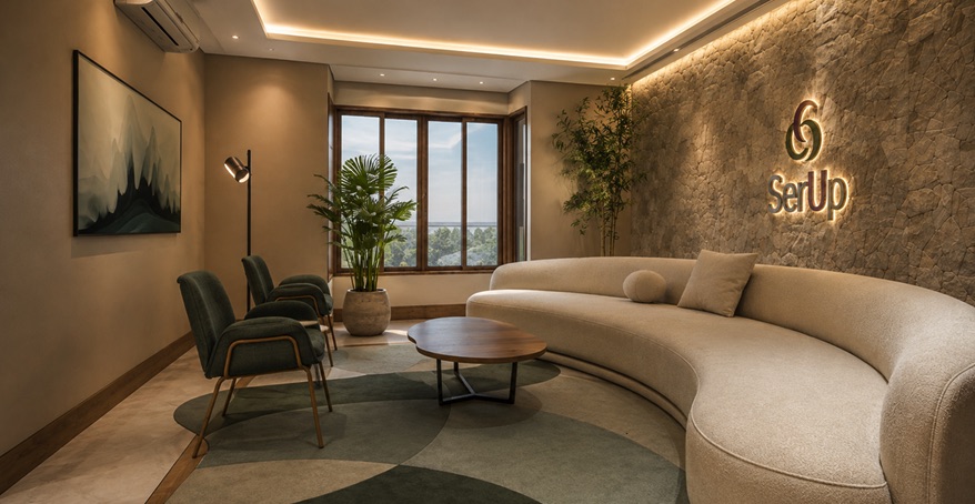 Sala de espera da SerUp com sofá curvo, poltronas verdes e a marca iluminada na parede de pedra