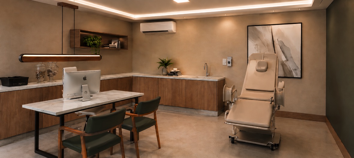 Consultório amplo com bancada de mármore, luminária linear e maca reclinável