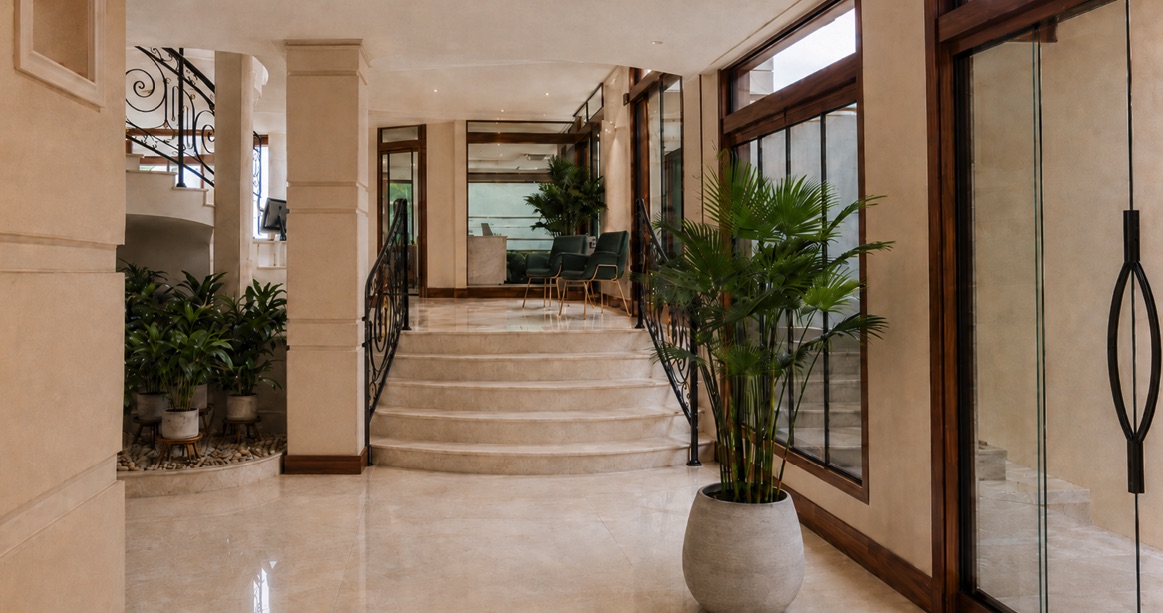 Hall de entrada com escada de mármore e palmeiras em vasos de concreto