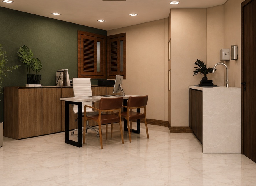 Consultório com parede verde, janela de madeira e bancada de mármore