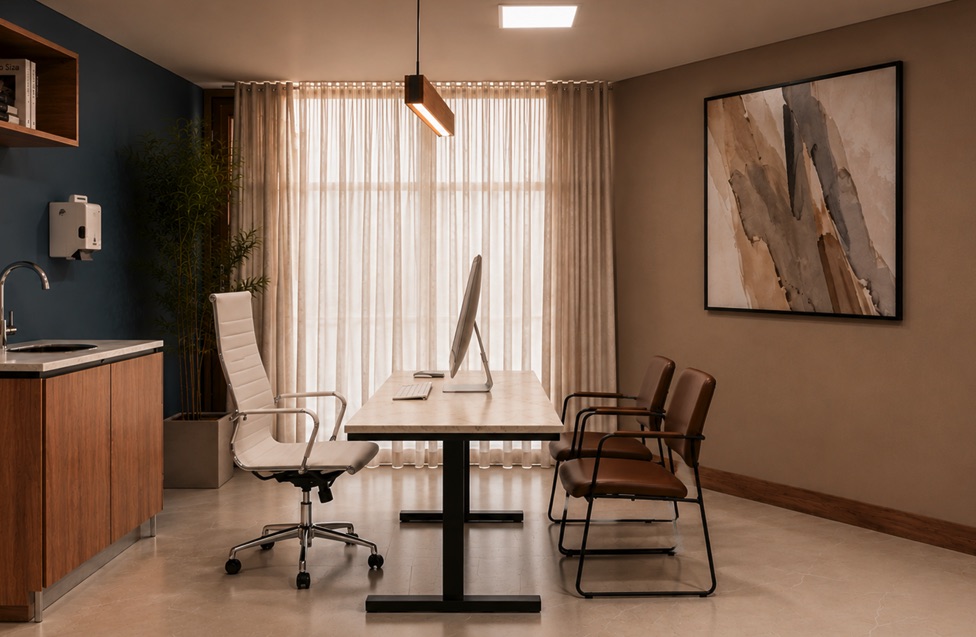 Consultório com parede azul, cortina de linho e mesa de atendimento